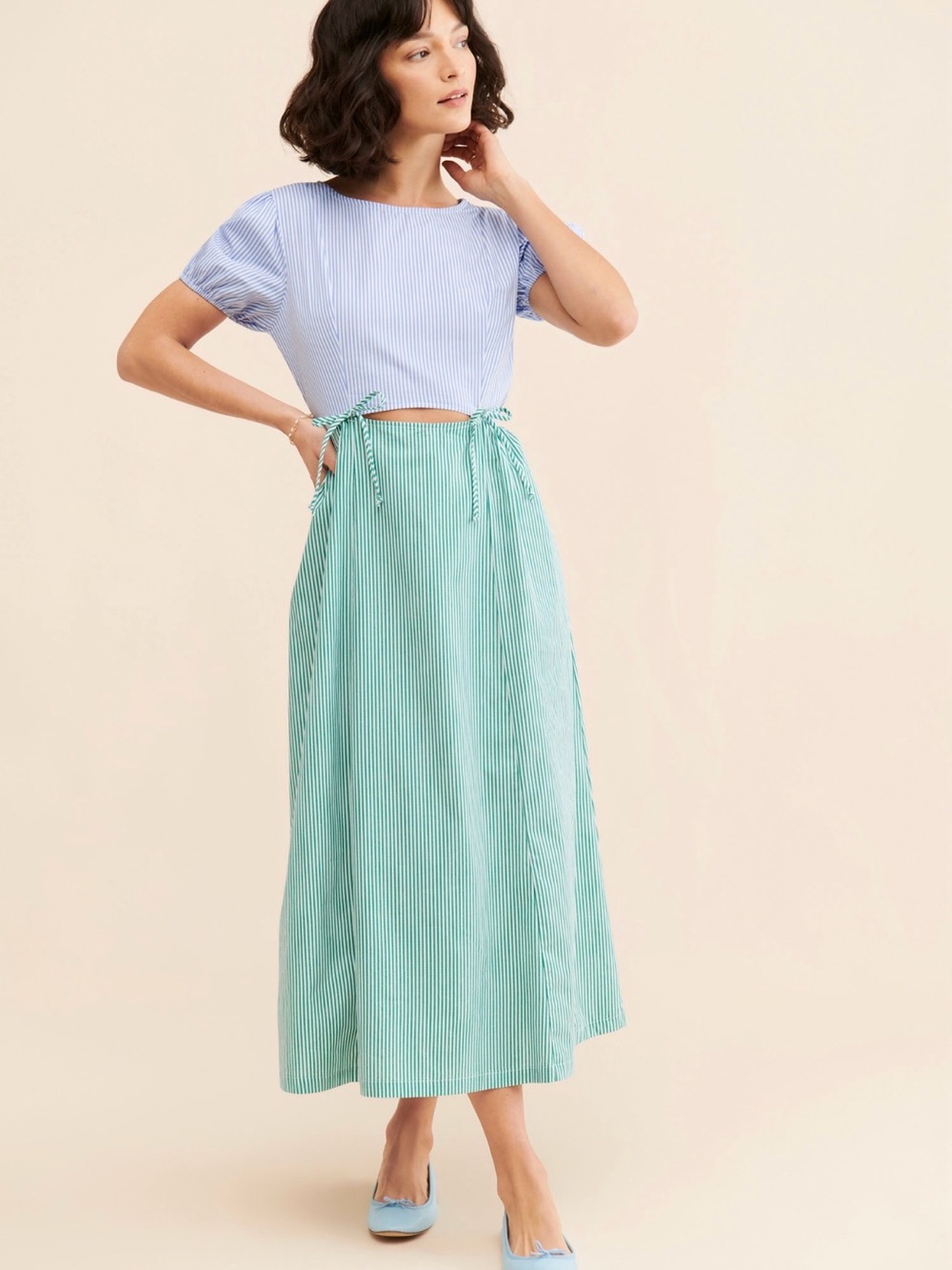 Lisa Says Gah Luna Striped Midi Dress Size Large 100% Cotton Blue Green